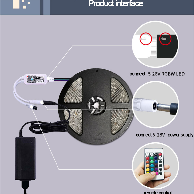 DC12V 16.4ft/5M RGBW Mini WiFi Smart Controller LED Light Strip Kit, 30LEDs/M, Work With Alexa & Google, Flexible Multi-Color Light Strip